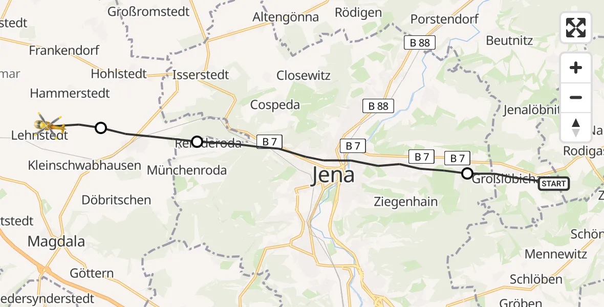 Flugroute Rettungshubschrauber Großlöbichau - Lehnstedt, 22 Juli 2026, 06:40
