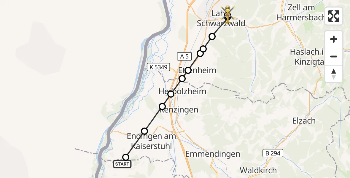 Flugroute Rettungshubschrauber Vogtsburg im Kaiserstuhl - Ortenau Hospital Lahr-Ettenheim, 22 Juli 2026, 06:49