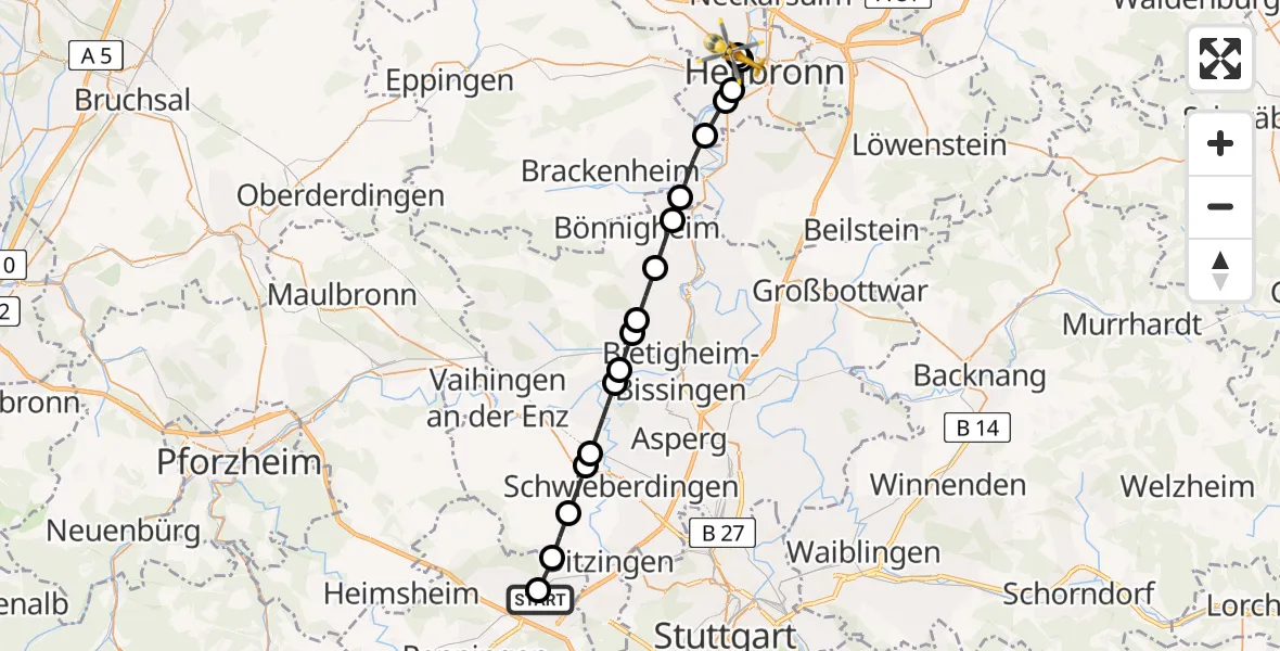 Flugroute Rettungshubschrauber Leonberg Hospital - Heilbronn Hospital, 22 Juli 2026, 06:49
