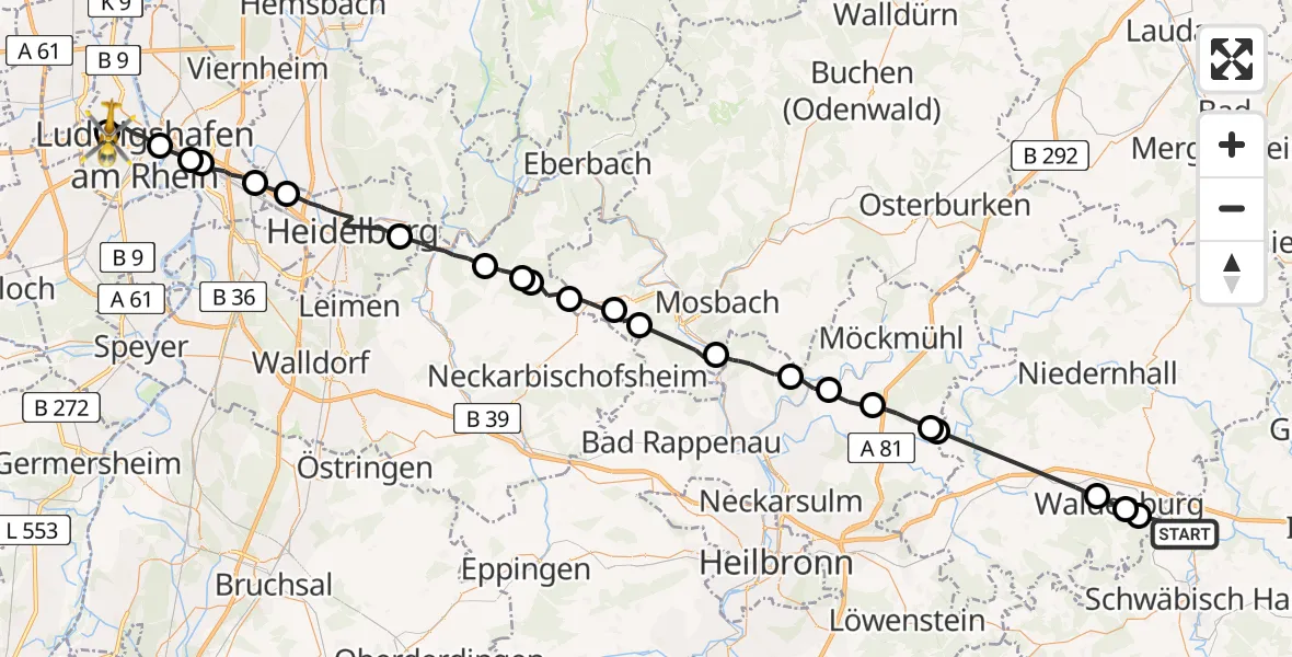 Flugroute Rettungshubschrauber Untermünkheim - Ludwigshafen Accident Hospital Hubschrauberlandeplatz, 22 Juli 2026, 06:54