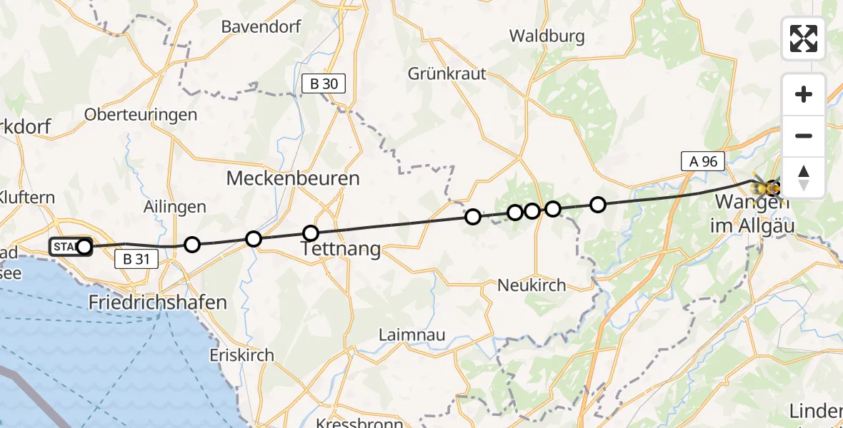 Flugroute Rettungshubschrauber Friedrichshafen Hospital - Westallgäu Clinic Wangen Hubschrauberlandeplatz, 22 Juli 2026, 06:56