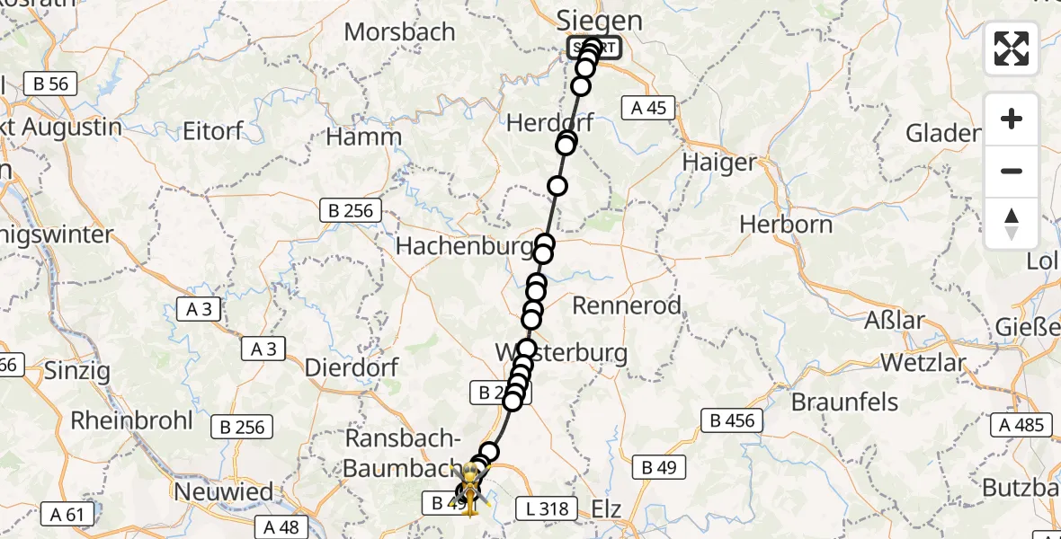 Flugroute Rettungshubschrauber Evangelisches Jung-Stilling Hospital - Catholic Hospital Koblenz-Montabaur, 22 Juli 2026, 07:01