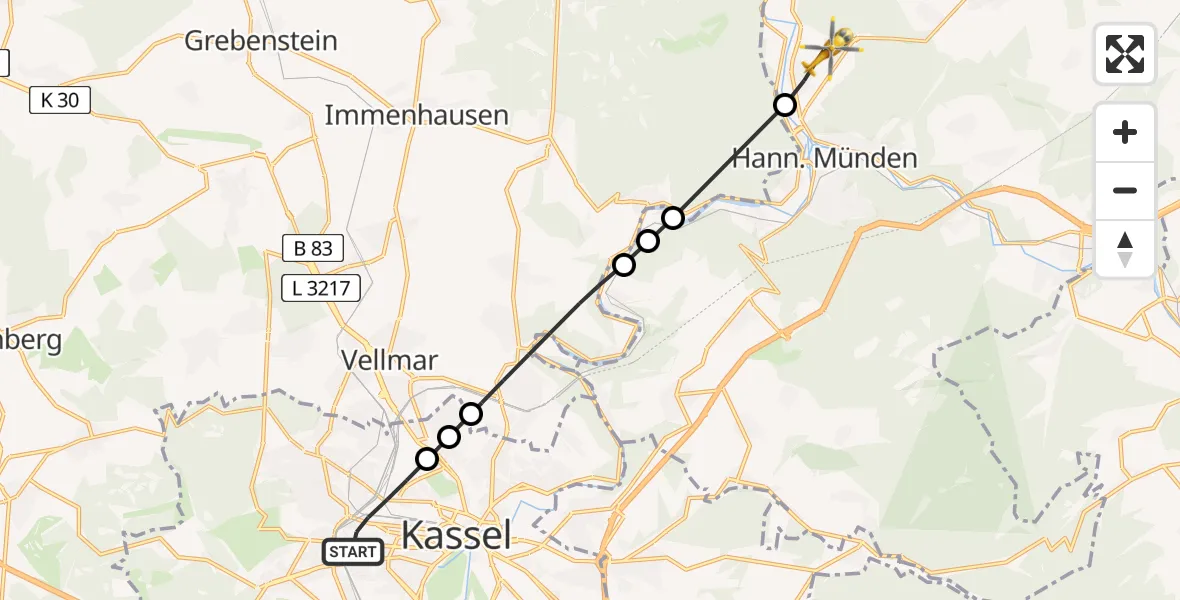 Flugroute Rettungshubschrauber Kassel - Hann.Münden, 22 Juli 2026, 07:01