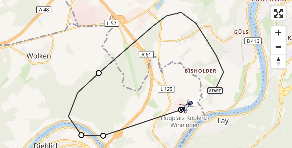 Flugroute Polizeihubschrauber Koblenz - Koblenz-Winningen Flugplatz, 22 Juli 2026, 07:02