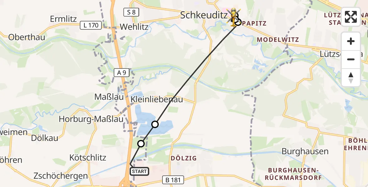 Flugroute Rettungshubschrauber ADAC Air Rescue Station Leipzig/Schkeuditz-Dölzig Hubschrauberlandeplatz (Christoph 61) - Helios Clinic Schkeuditz Hubschrauberlandeplatz, 22 Juli 2026, 07:07