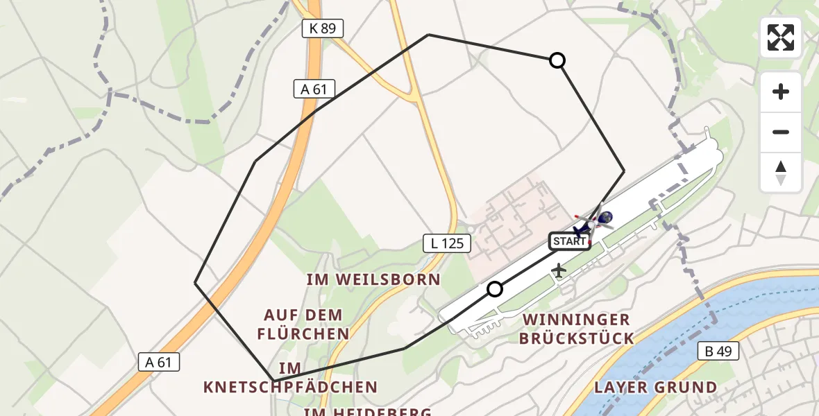 Flugroute Polizeihubschrauber Koblenz-Winningen Flugplatz - Koblenz-Winningen Flugplatz, 22 Juli 2026, 07:11