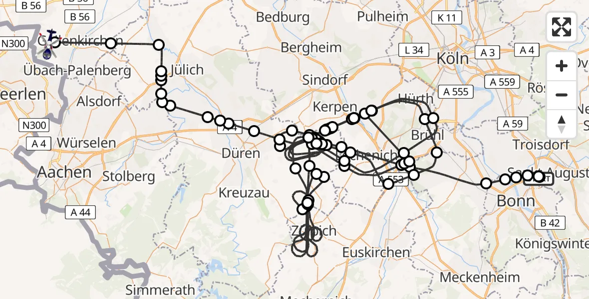 Flugroute Polizeihubschrauber Sankt Augustin - Militärflugplatz Geilenkirchen, 22 Juli 2026, 07:12