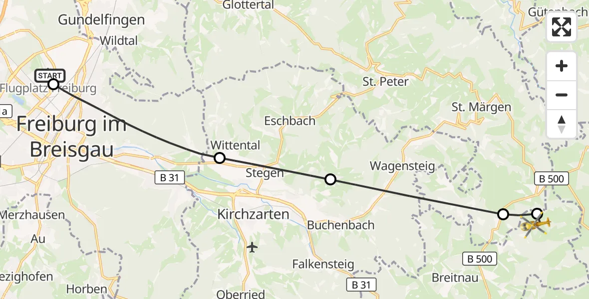 Flugroute Ambulanzhubschrauber Freiburg im Breisgau Flugplatz - Breitnau, 22 Juli 2026, 07:12