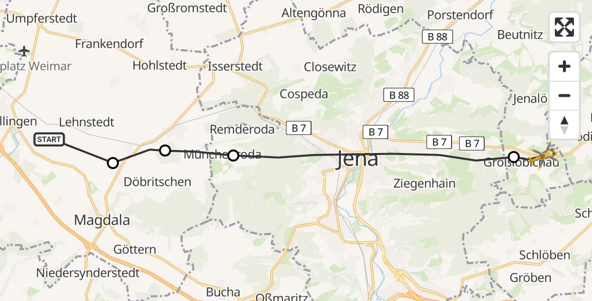 Flugroute Rettungshubschrauber Mellingen - Großlöbichau, 22 Juli 2026, 07:18