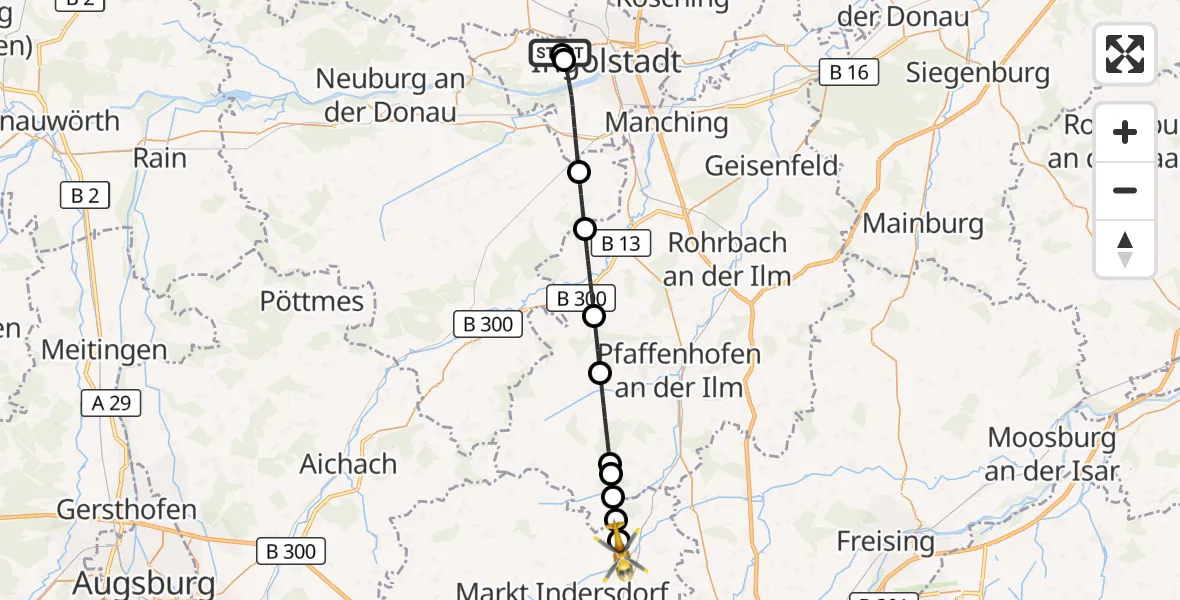 Flugroute Rettungshubschrauber Ingolstadt Hospital - Weichs, 22 Juli 2026, 07:20