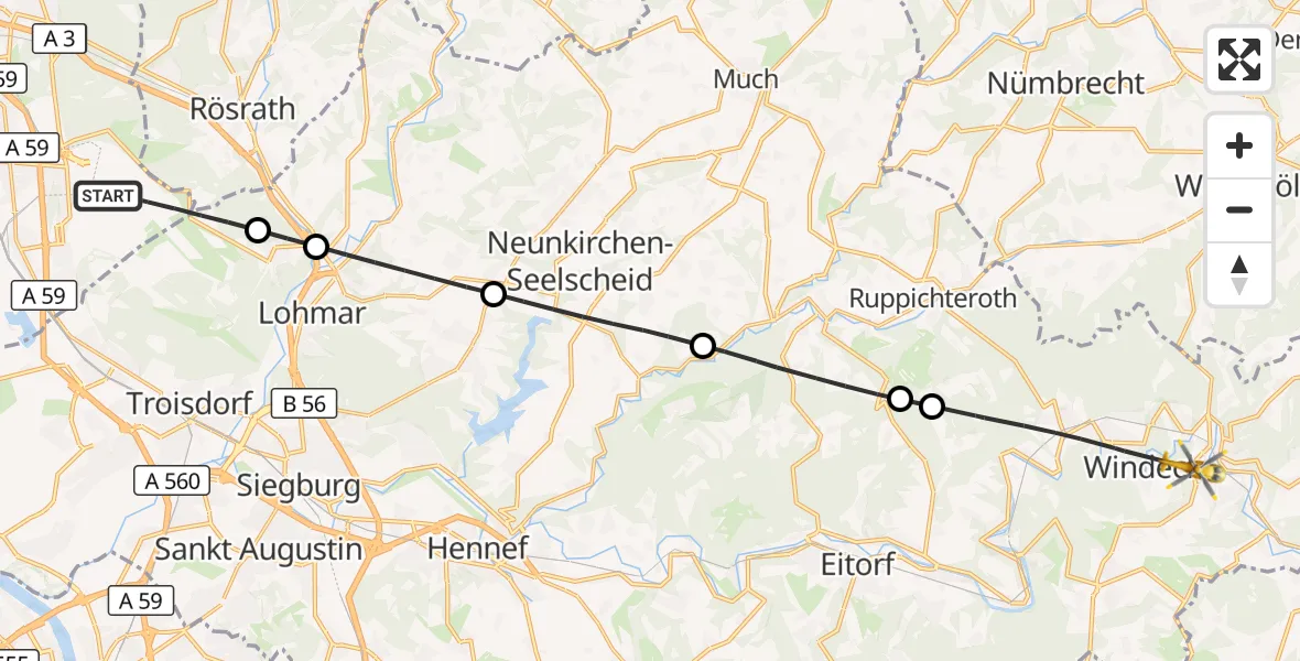 Flugroute Rettungshubschrauber Köln Bonn Flughafen - Windeck, 22 Juli 2026, 07:24