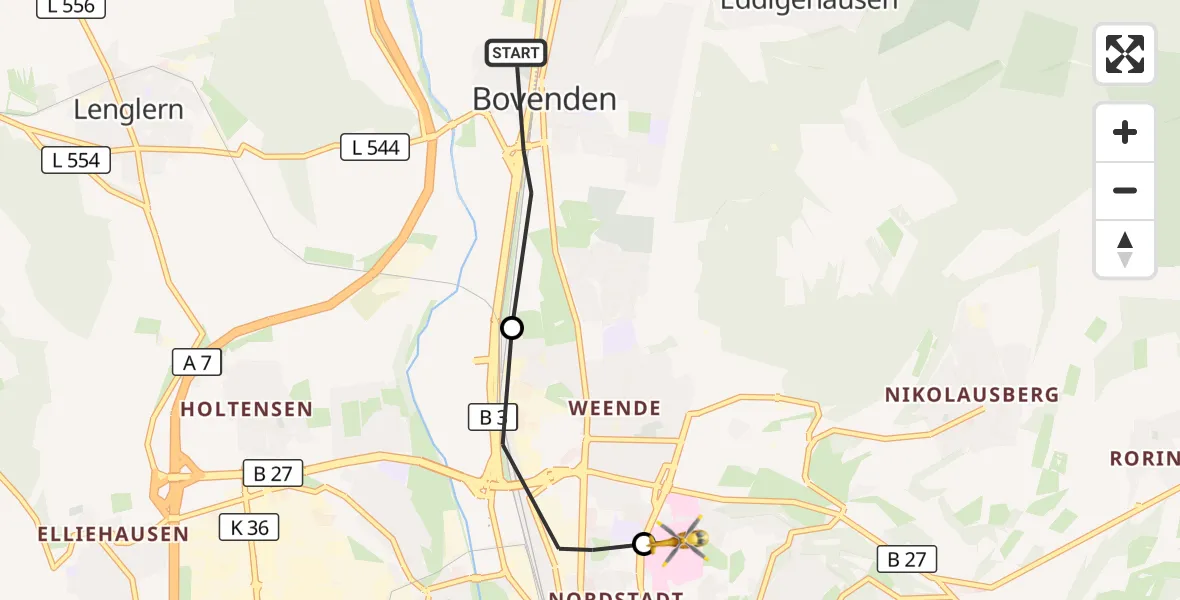 Flugroute Rettungshubschrauber Bovenden - Göttingen University Clinic Hubschrauberlandeplatz, 22 Juli 2026, 07:26