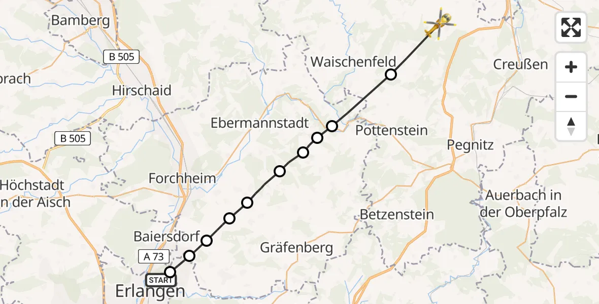 Flugroute Rettungshubschrauber Erlangen - Hummeltal, 22 Juli 2026, 07:29