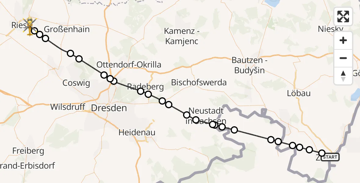 Flugroute Rettungshubschrauber Zittau - Riesa, 22 Juli 2026, 07:31