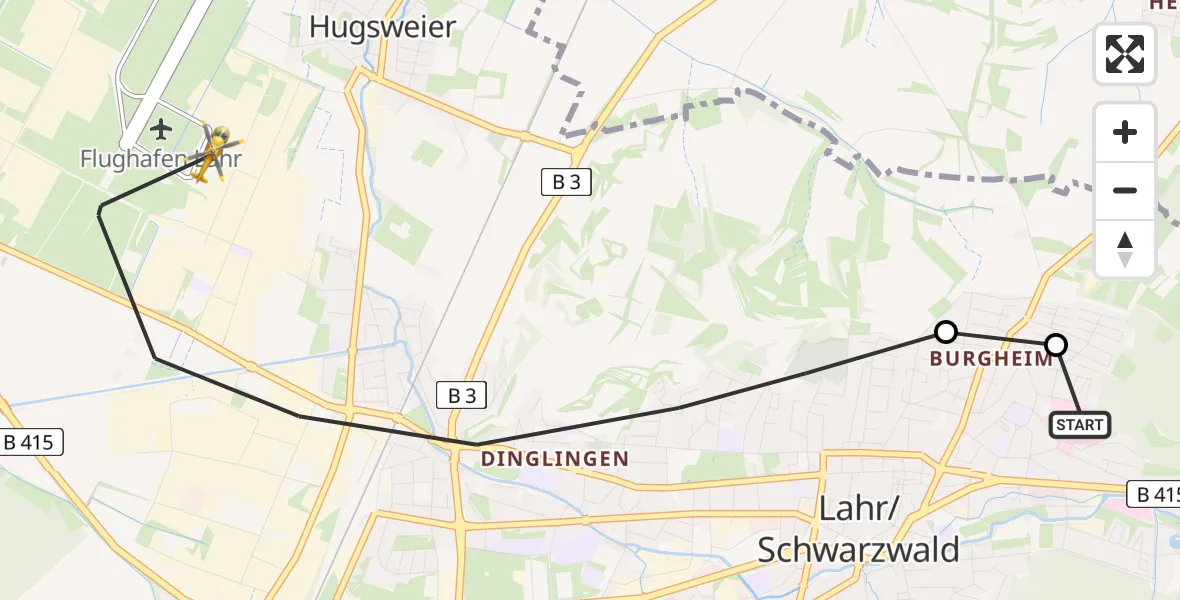 Flugroute Rettungshubschrauber Ortenau Hospital Lahr-Ettenheim - Lahr Flughafen, 22 Juli 2026, 07:33