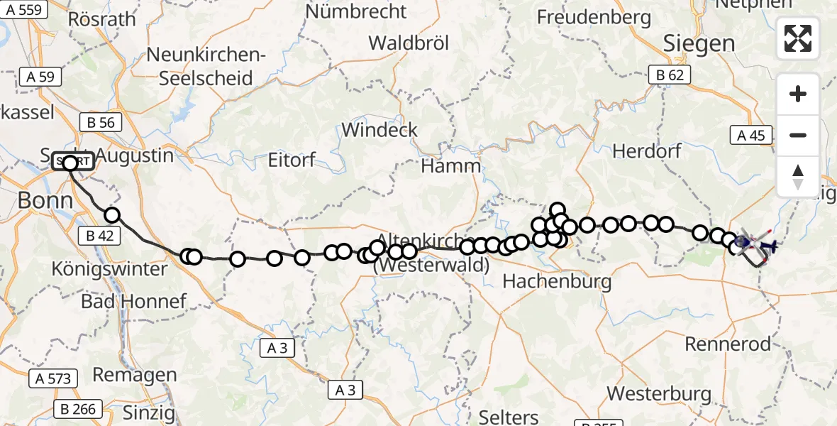 Flugroute Polizeihubschrauber Sankt Augustin - Liebenscheid, 22 Juli 2026, 07:37