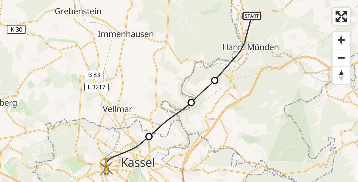 Flugroute Rettungshubschrauber Hann.Münden - Kassel, 22 Juli 2026, 07:37