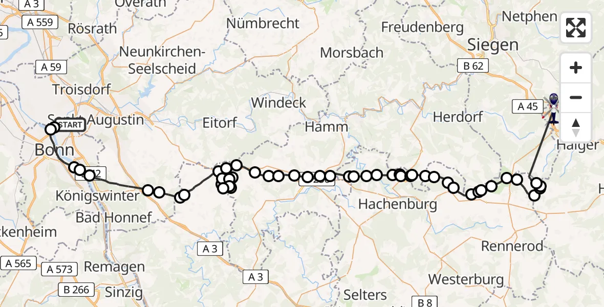 Flugroute Polizeihubschrauber Bonn - Haiger, 22 Juli 2026, 07:44