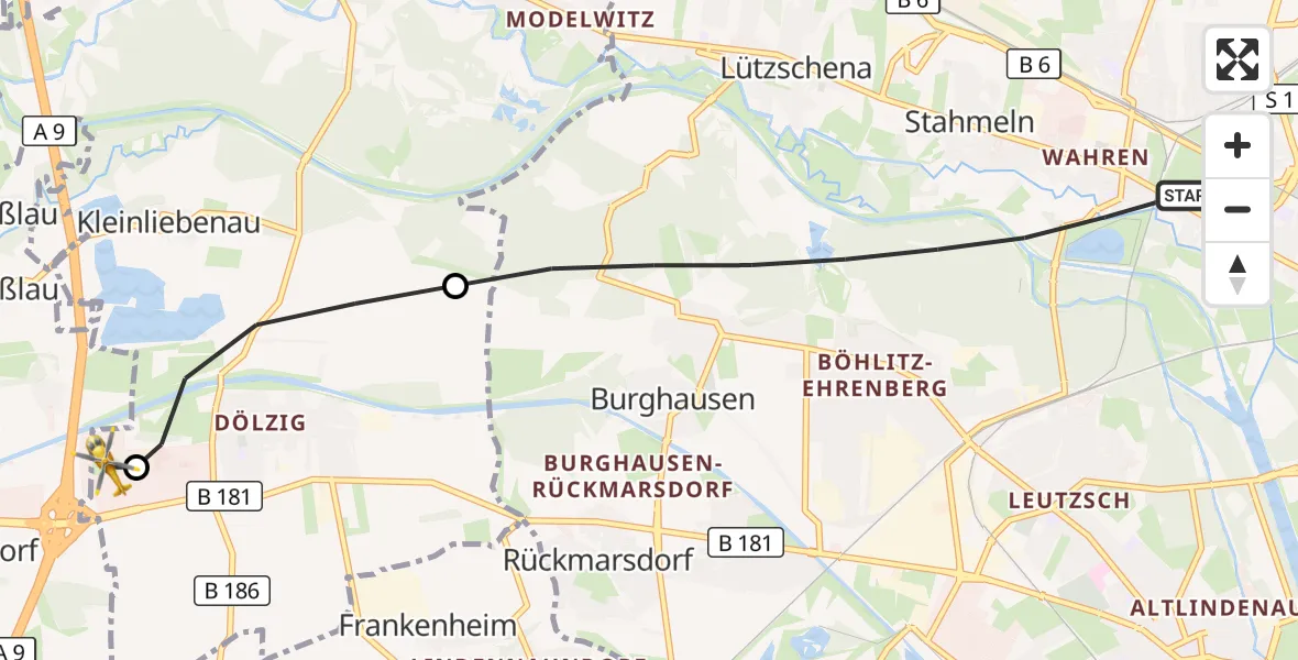 Flugroute Rettungshubschrauber Leipzig - ADAC Air Rescue Station Leipzig/Schkeuditz-Dölzig Hubschrauberlandeplatz (Christoph 61), 22 Juli 2026, 07:45