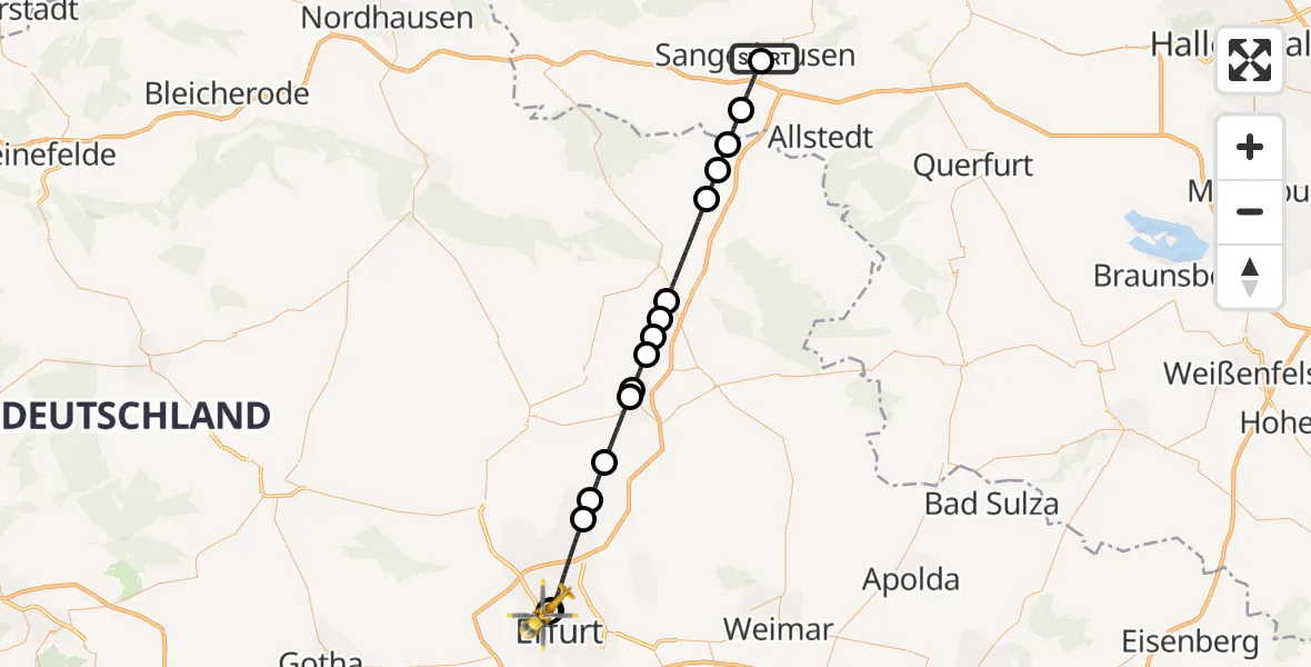 Flugroute Rettungshubschrauber Helios Clinic Mansfeld-Südharz - Helios Clinic Erfurt, 22 Juli 2026, 07:44