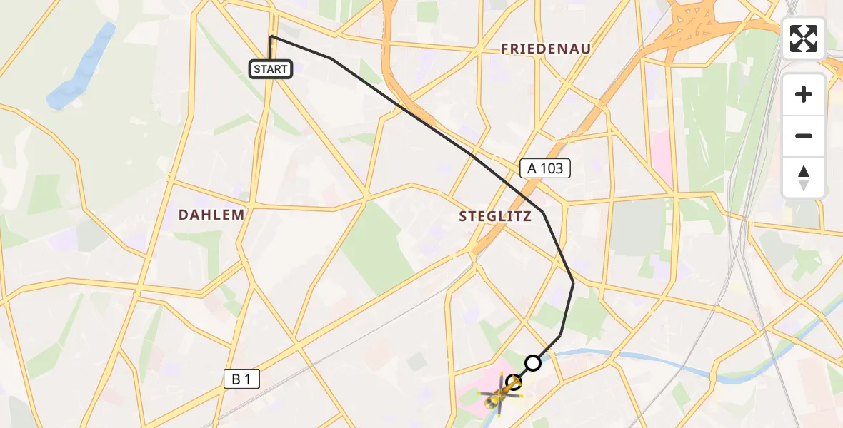 Flugroute Rettungshubschrauber Berlin - Charité Clinic Benjamin Franklin Campus, 22 Juli 2026, 07:49