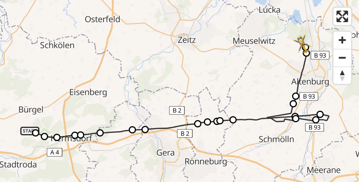 Flugroute Rettungshubschrauber Bürgel - Treben, 22 Juli 2026, 07:50