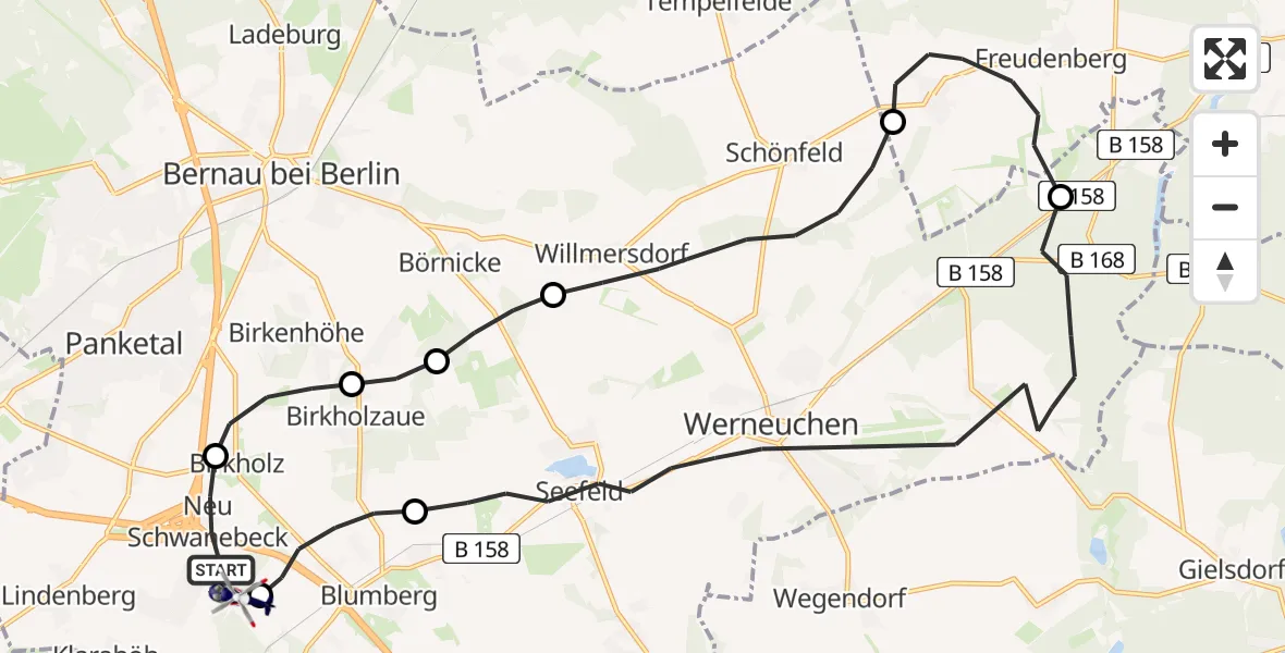Flugroute Polizeihubschrauber Panketal - Ahrensfelde Hubschrauberlandeplatz, 22 Juli 2026, 07:53