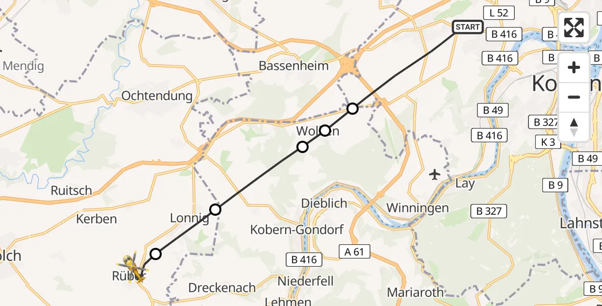 Flugroute Rettungshubschrauber Koblenz - Rüber, 22 Juli 2026, 07:53