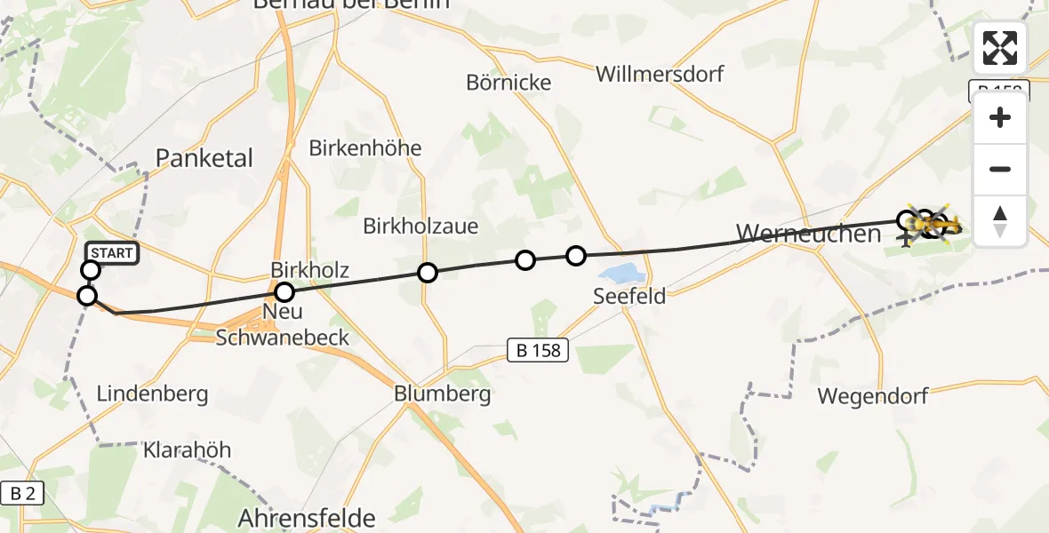 Flugroute Rettungshubschrauber Helios Clinic Berlin-Buch - Werneuchen, 22 Juli 2026, 07:55