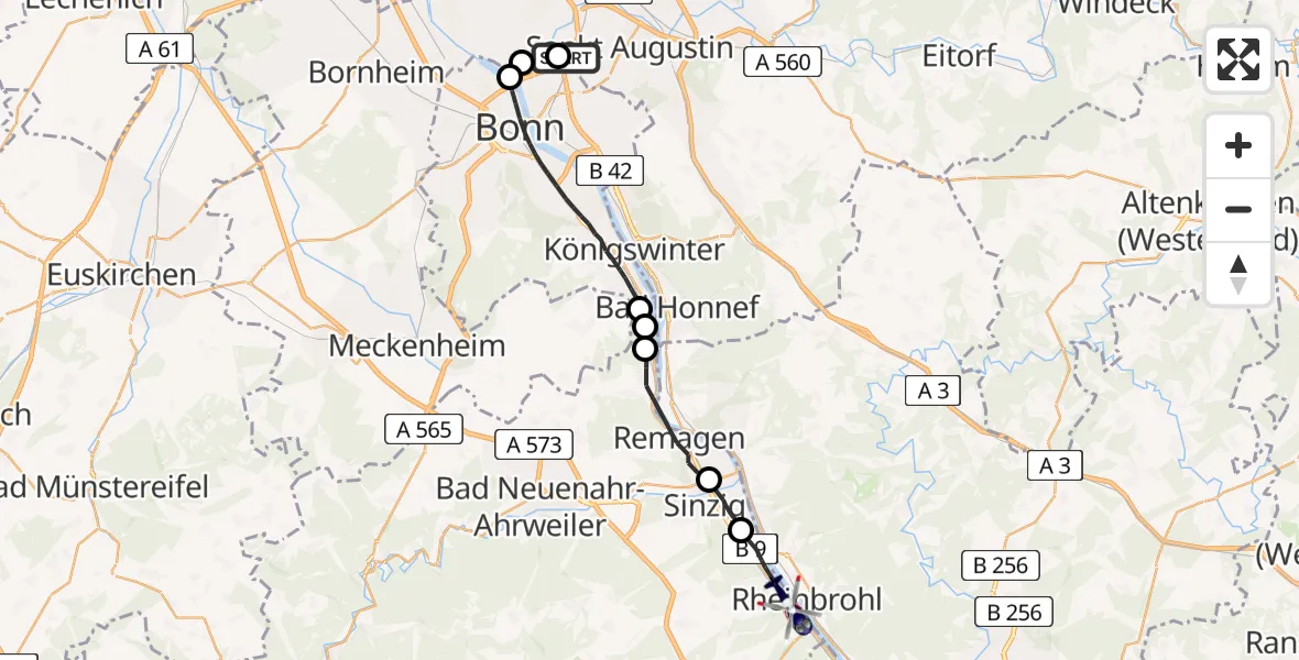 Flugroute Polizeihubschrauber Sankt Augustin - Bad Breisig, 22 Juli 2026, 07:57