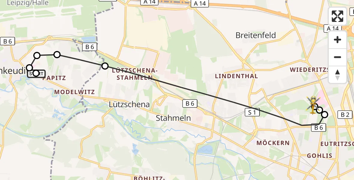 Flugroute Rettungshubschrauber Helios Clinic Schkeuditz - Sankt Georg Hospital Leipzig Reserve, 22 Juli 2026, 08:00