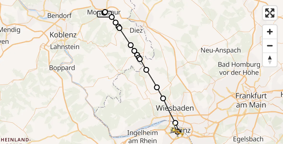 Flugroute Rettungshubschrauber Catholic Hospital Koblenz-Montabaur - Mainz University Hospital, 22 Juli 2026, 08:03