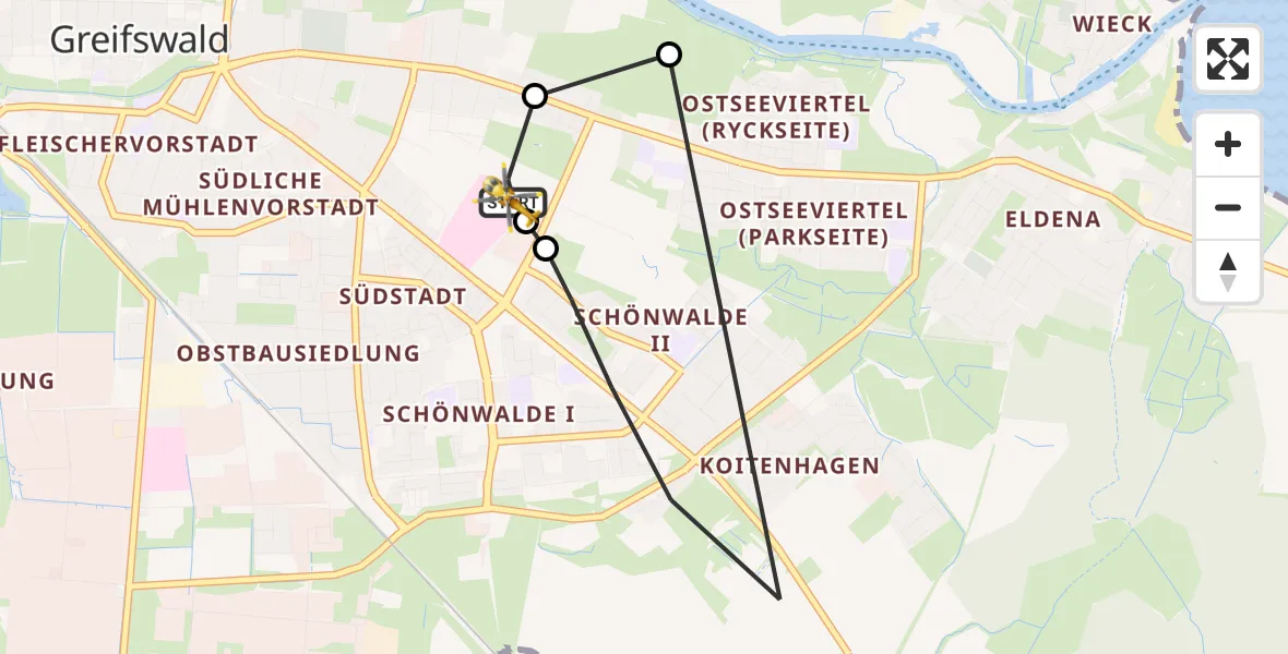 Flugroute Rettungshubschrauber Greifswald Hospital - Greifswald Hospital, 22 Juli 2026, 08:04
