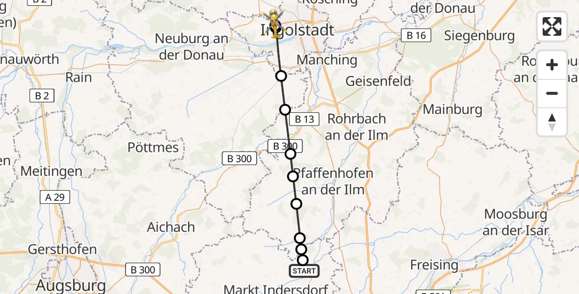 Flugroute Rettungshubschrauber Weichs - Ingolstadt Hospital, 22 Juli 2026, 08:05