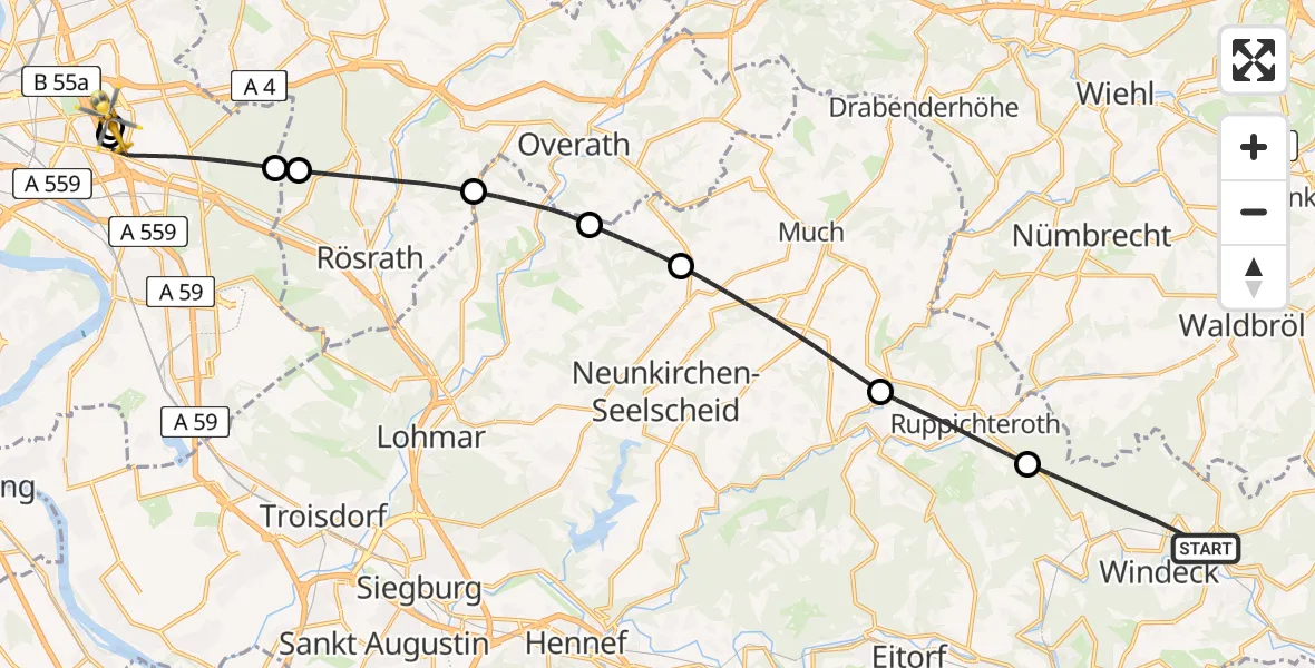 Flugroute Rettungshubschrauber Windeck - Merheim Hospital, 22 Juli 2026, 08:09