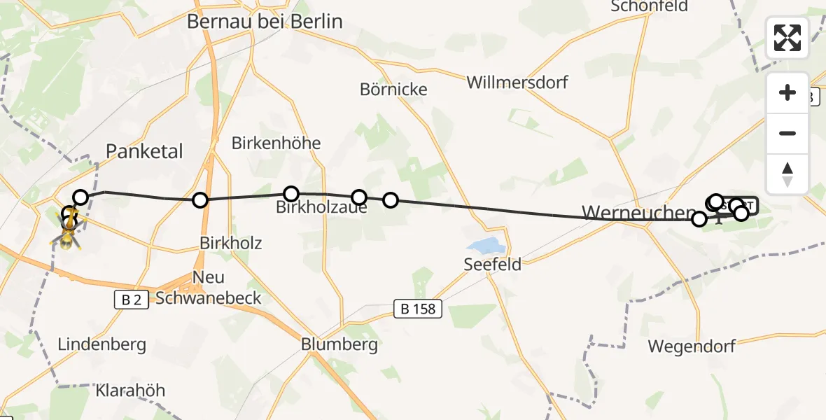 Flugroute Rettungshubschrauber Werneuchen - Helios Clinic Berlin-Buch, 22 Juli 2026, 08:10