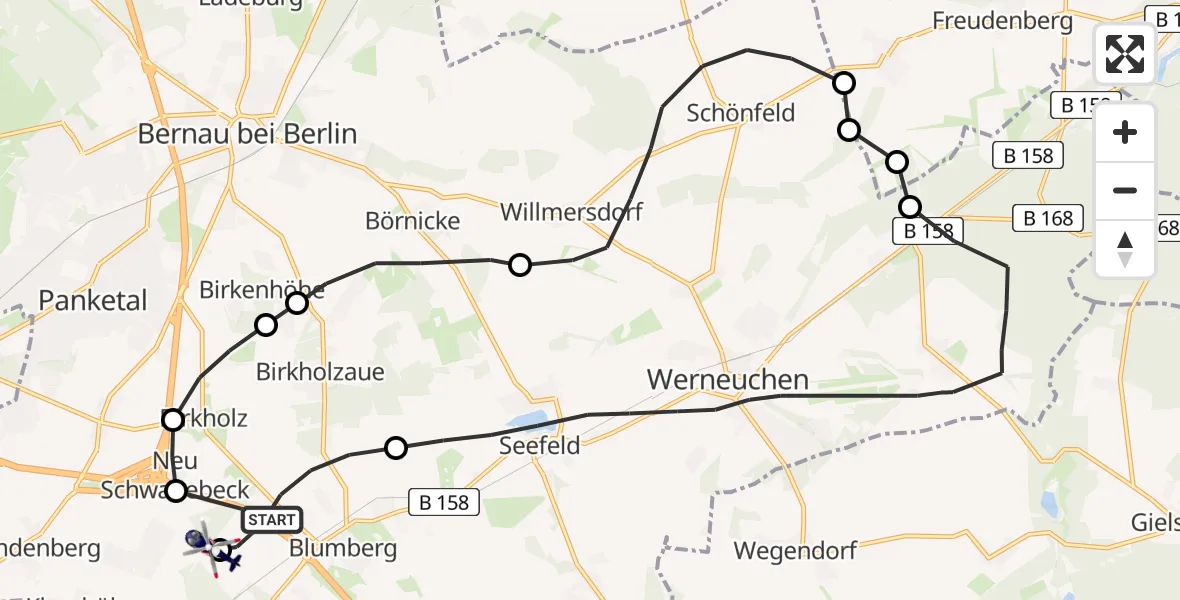 Flugroute Polizeihubschrauber Ahrensfelde - Ahrensfelde Hubschrauberlandeplatz, 22 Juli 2026, 08:18