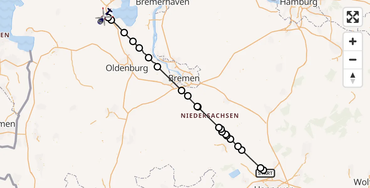 Flugroute Polizeihubschrauber Langenhagen - Zetel, 22 Juli 2026, 08:19