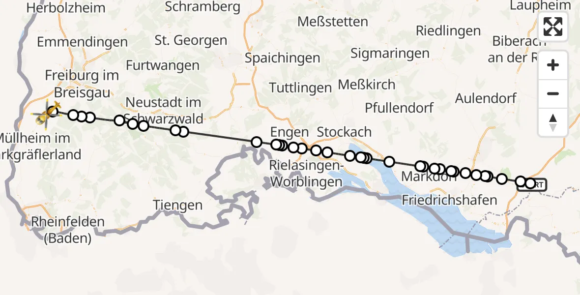 Flugroute Rettungshubschrauber Westallgäu Clinic Wangen Hubschrauberlandeplatz - Bad Krozingen, 22 Juli 2026, 08:21