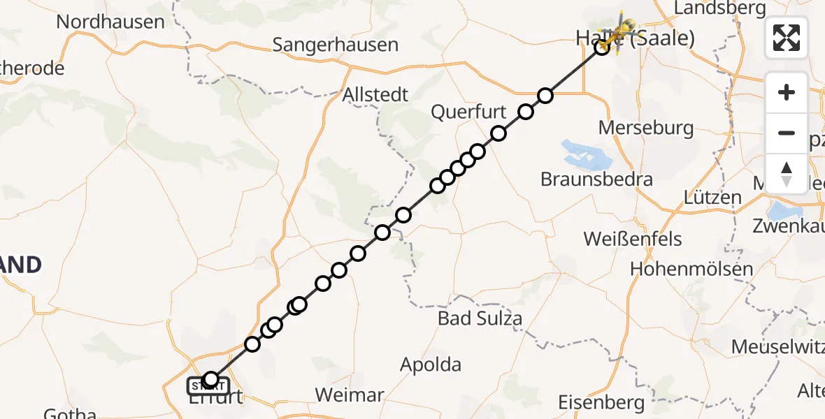 Flugroute Rettungshubschrauber Helios Clinic Erfurt - Halle (Saale), 22 Juli 2026, 08:25