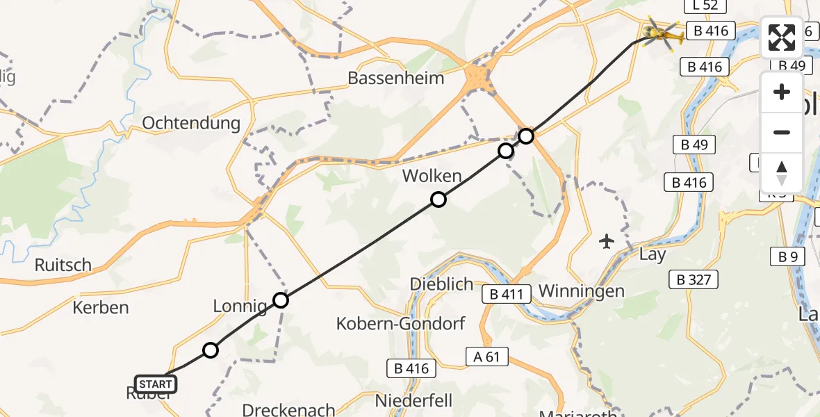Flugroute Rettungshubschrauber Rüber - Koblenz, 22 Juli 2026, 08:34