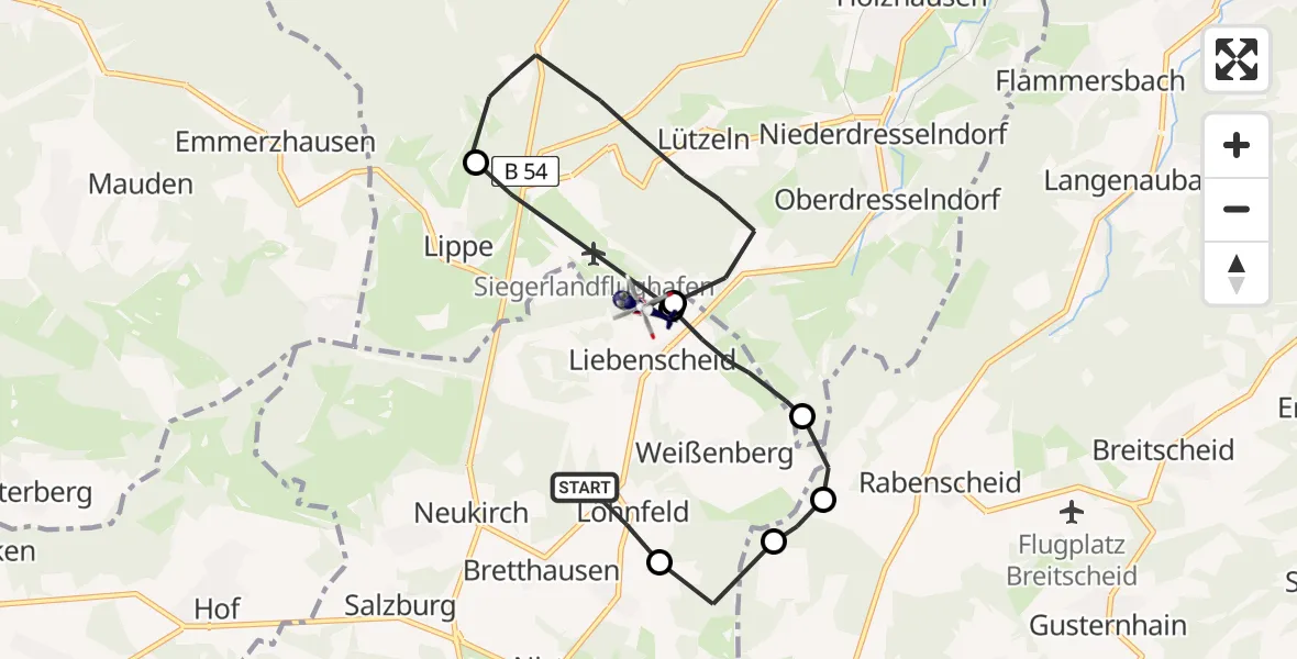 Flugroute Polizeihubschrauber Liebenscheid - Siegerland Flughafen, 22 Juli 2026, 08:37