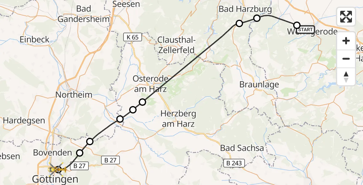 Flugroute Rettungshubschrauber Wernigerode - Göttingen University Clinic Hubschrauberlandeplatz, 22 Juli 2026, 08:40