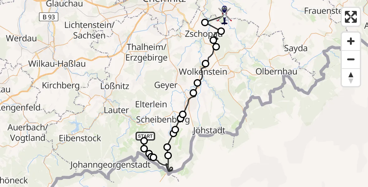 Flugroute Polizeihubschrauber Raschau-Markersbach - Leubsdorf, 22 Juli 2026, 08:41