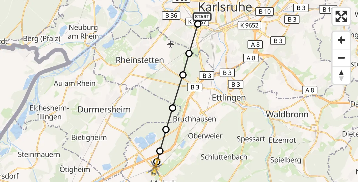 Flugroute Ambulanzhubschrauber Sankt Vincentius Hospital - Malsch, 22 Juli 2026, 08:41