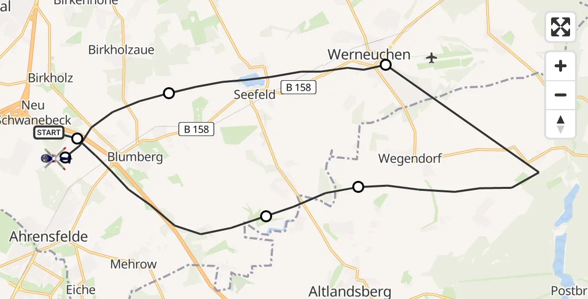 Flugroute Polizeihubschrauber Panketal - Ahrensfelde Hubschrauberlandeplatz, 22 Juli 2026, 08:42