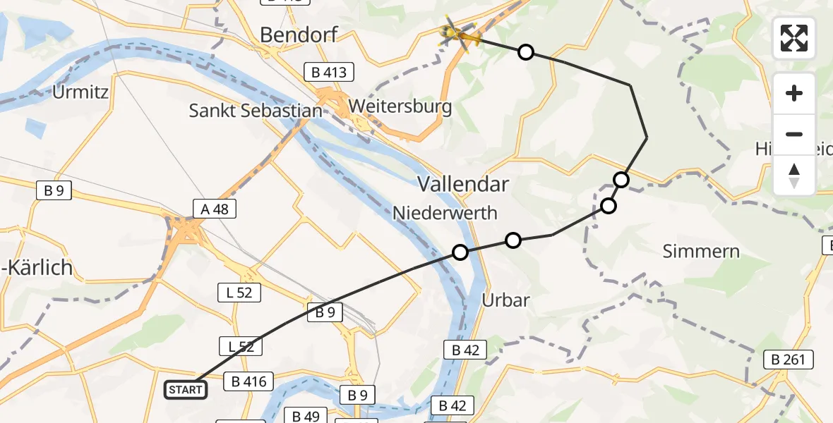Flugroute Rettungshubschrauber Koblenz - Weitersburg, 22 Juli 2026, 08:42
