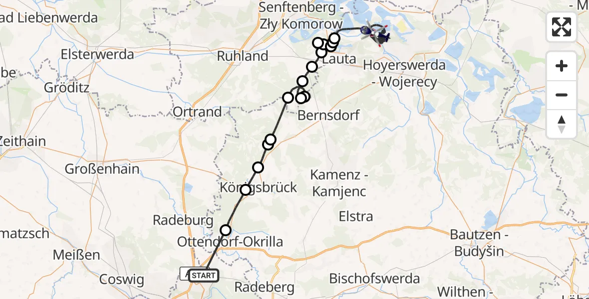 Flugroute Polizeihubschrauber Dresden Bundespolizei Hubschrauberlandeplatz - Elsterheide, 22 Juli 2026, 08:43