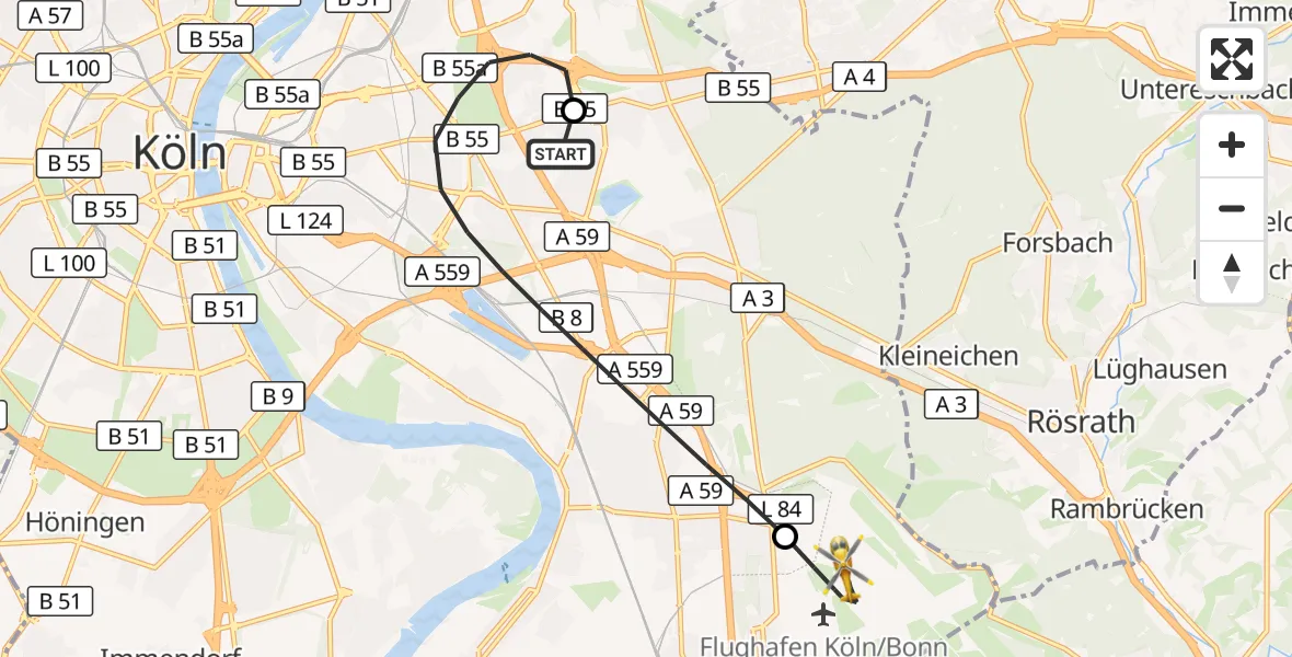Flugroute Rettungshubschrauber Merheim Hospital - Köln Bonn Flughafen, 22 Juli 2026, 08:53
