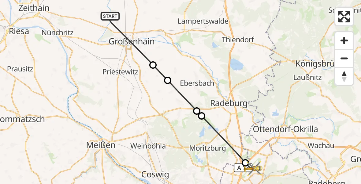 Flugroute Rettungshubschrauber Großenhain - Dresden Bundespolizei Hubschrauberlandeplatz, 22 Juli 2026, 08:54